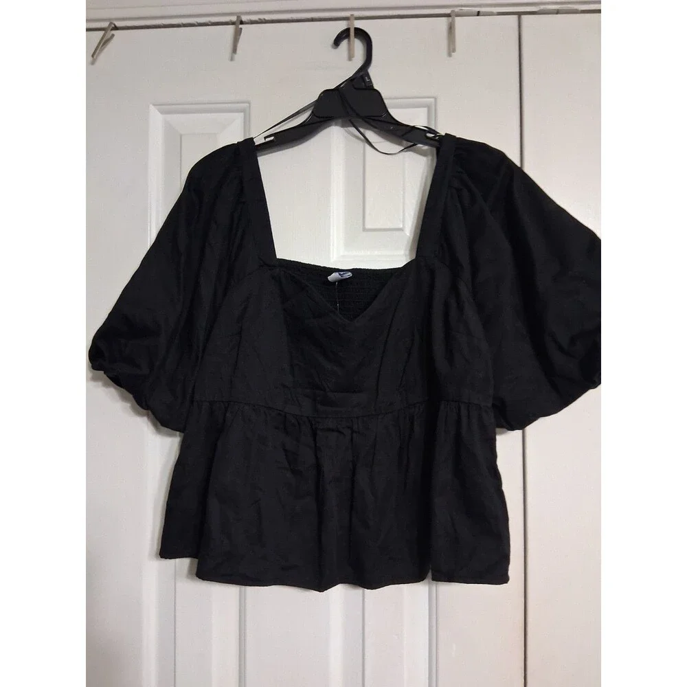 NWOT Women's Old Navy Puff Sleeve Poplin Peplum Top Size 3X Black N6